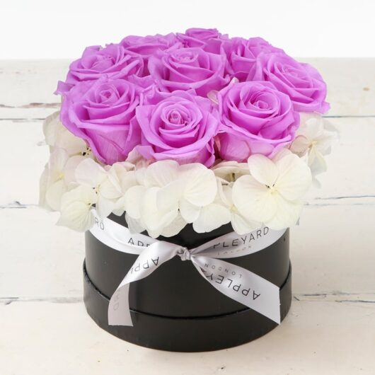 Lilac Rose & White Hydrangea Hatbox (Lasts Up To A Year)