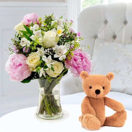 Peonies & Cream & Jellycat Rufus Bear (29cm)