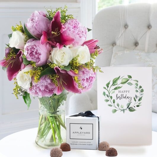 Peony, Rose & Lily, 6 Truffles & Birthday Card