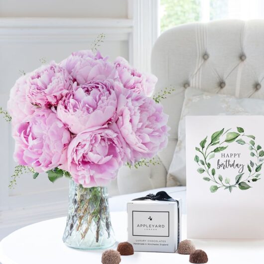 Pink Peonies, 6 Truffles & Birthday Card