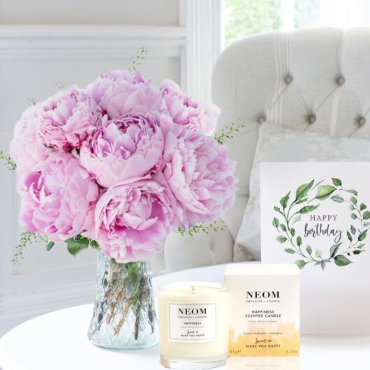 Pink Peonies, NEOM Happiness Candle (185g) & Birthday Card