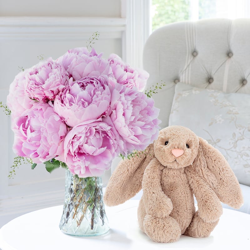 Pink Peonies & Jellycat Bashful Beige Bunny (31cm)