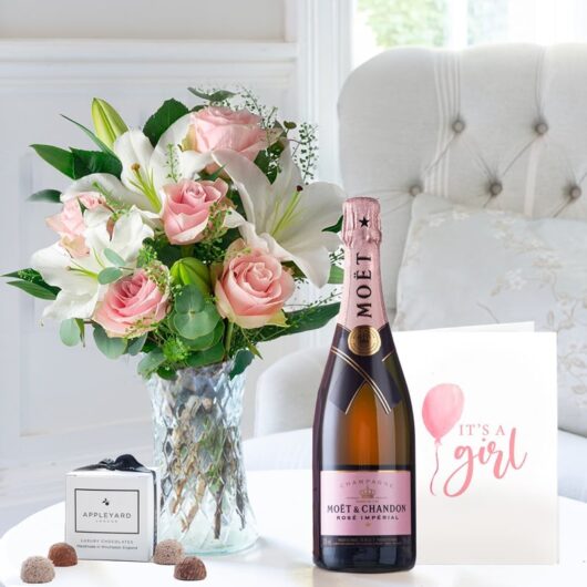 Simply Pink Rose & Lily, Moët Rosé, 6 Mixed Truffles, Vase & New Baby Girl Card